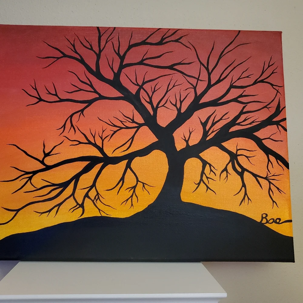 Black Tree Silhouette at Sunset Acrylic Painting